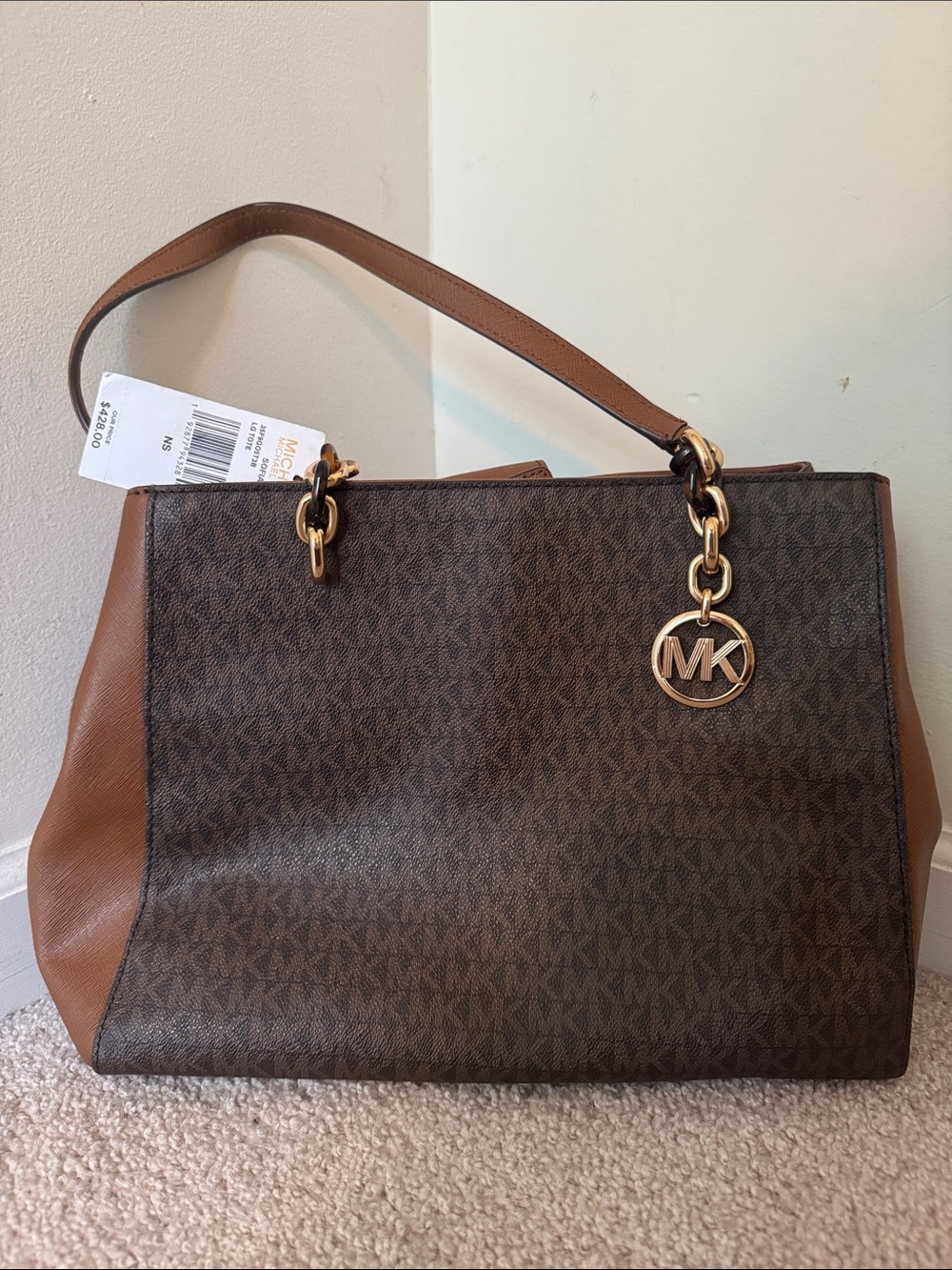 Michael Kors Brown & Tan MK Signature Tote with Gold Hardware